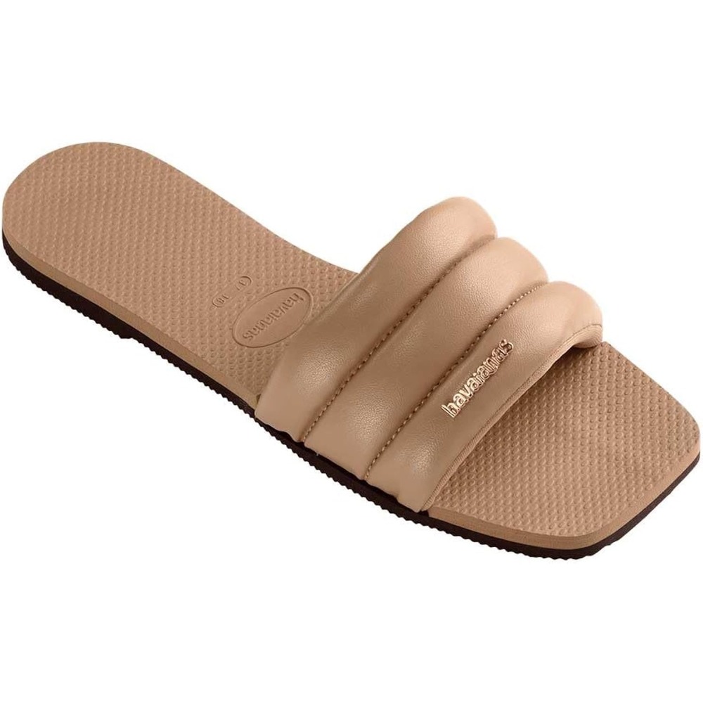 Havaianas Square Puffy Sandals Beige Tan Slide Quilted Square Toe Womens 6